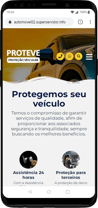 Site de proteção veicular exibido em um smartphone, demonstrando design responsivo.