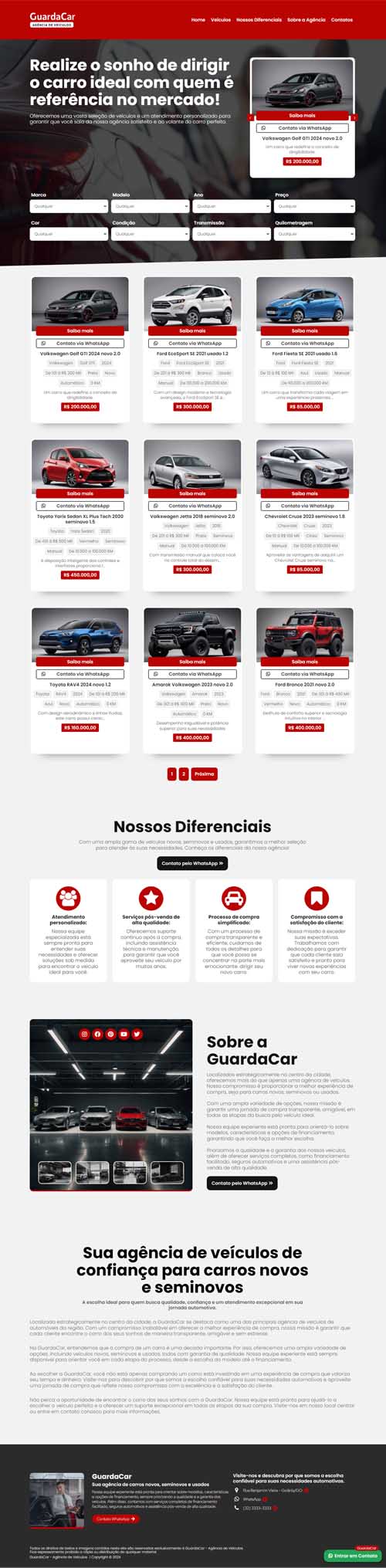 Visualização completa da página inicial do projeto Automovel 05, incluindo estoque, diferenciais e seção sobre a agência.