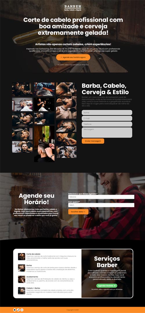 Captura de tela completa do site Barbearia 01, mostrando seções de serviços, fotos, formulários e rodapé.
