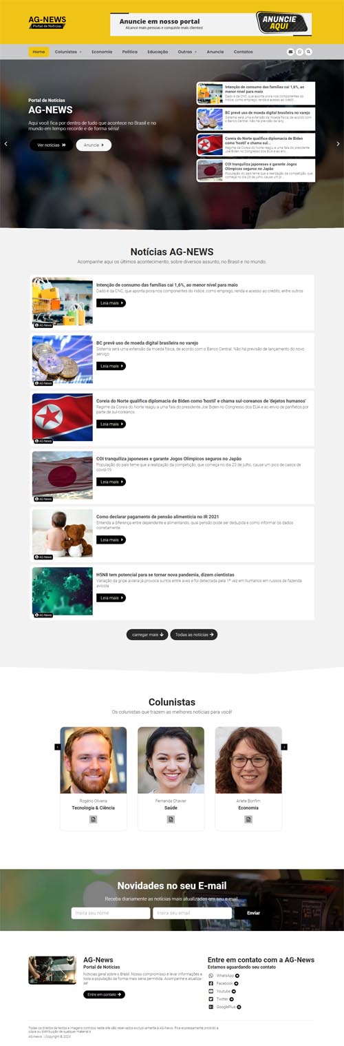 Visualização completa da página inicial do Blog 04, do topo ao rodapé, incluindo seção de colunistas e captura de e-mails.