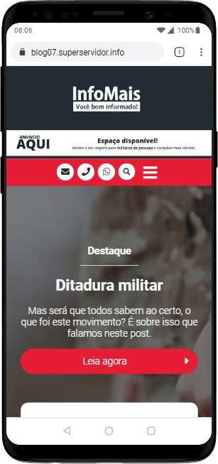 Versão responsiva do portal Blog 07 em um smartphone, destacando a navegabilidade.