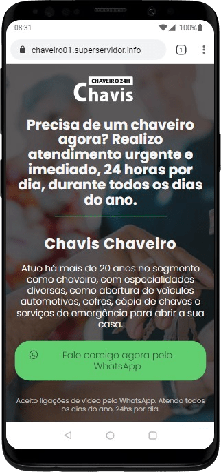 Site Chaveiro 01 visualizado em um smartphone com layout responsivo.