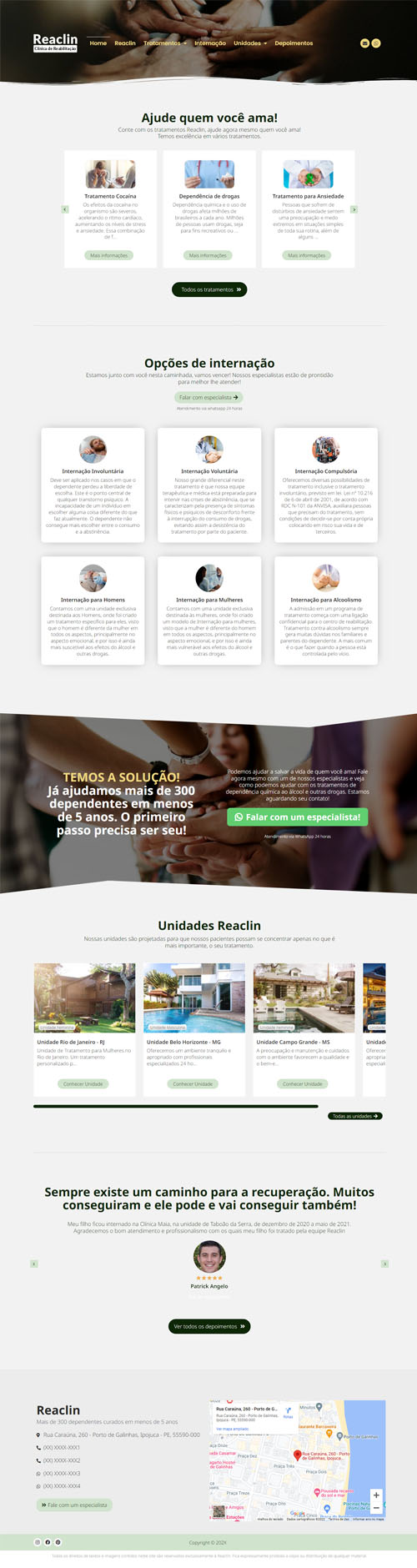 Visualização completa da página inicial do site Clinica 01, mostrando seções de tratamentos, unidades e depoimentos.