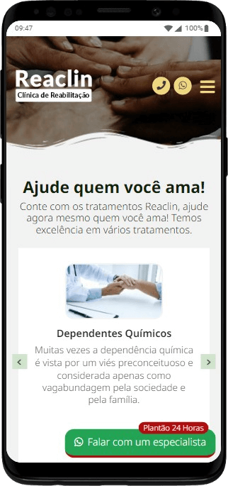 Site de clínica de reabilitação visualizado em um smartphone Android, destacando a responsividade.