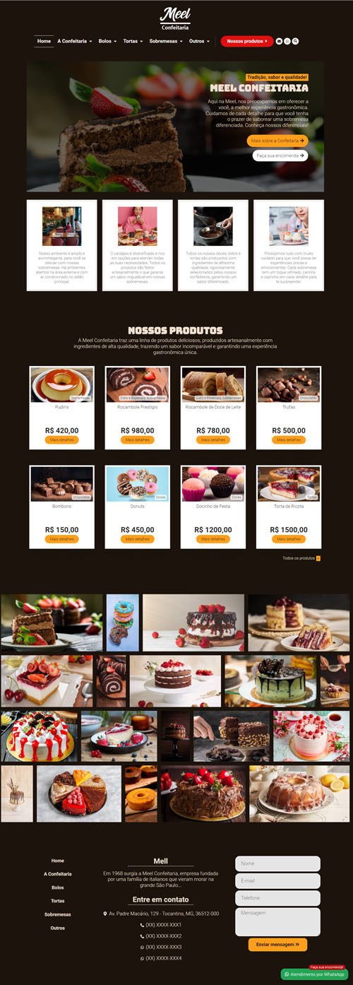 Visualização completa da página inicial do projeto Confeitaria 01, desde o topo até o rodapé.