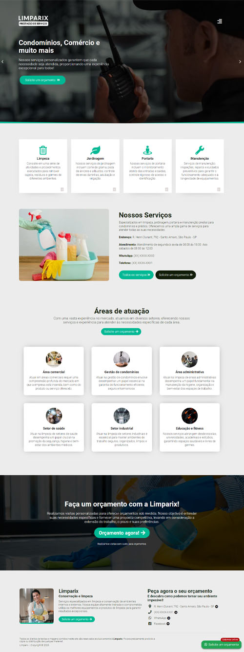 Visualização completa da página inicial do modelo Conservação 01, mostrando seções de serviços e áreas de atuação.