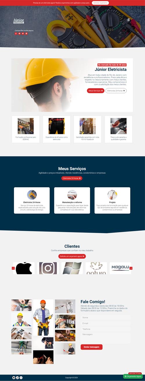 Captura de tela completa do template Construção Civil 03 com seções de serviços e clientes.
