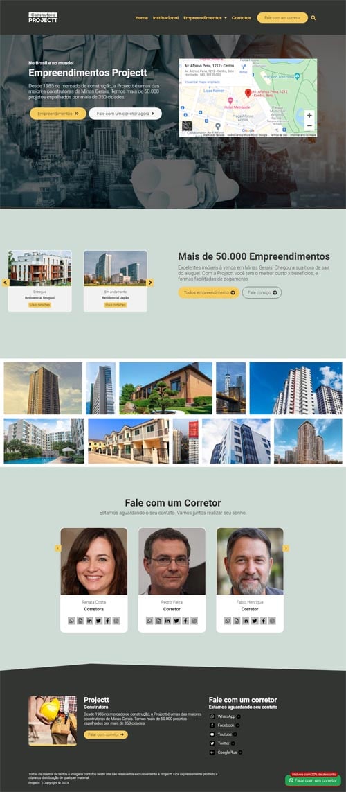 Landing page completa do projeto Construção Civil 04 exibindo galeria de obras, equipe de corretores e rodapé institucional.