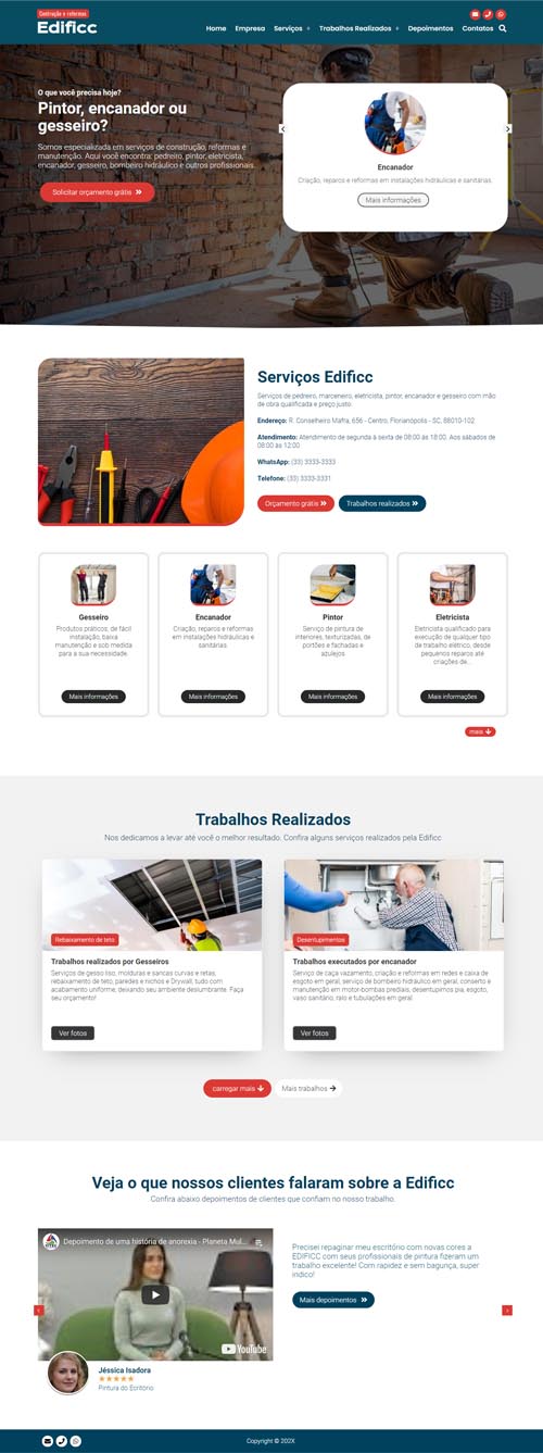 Layout completo da página inicial do projeto focado em construção civil.