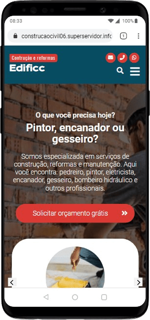 Site Construção Civil 06 visualizado em um smartphone com design responsivo.