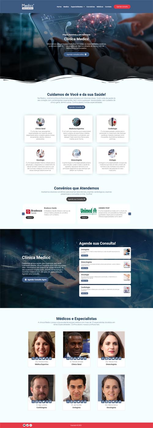 Visão completa da página inicial do projeto Medico 01, incluindo especialidades, convênios e equipe.