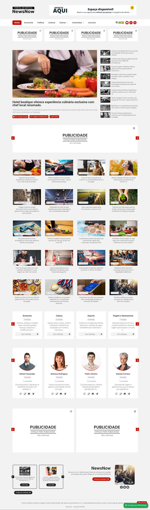 Demonstração da página inicial completa do portal Noticias 01, do topo ao rodapé.