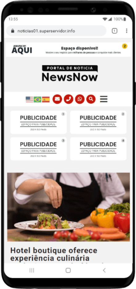 Visualização do site de notícias em um dispositivo smartphone.