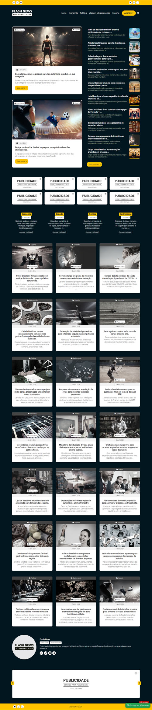 Visualização completa da página inicial do portal de notícias Noticias 02, mostrando áreas de publicidade e categorias.