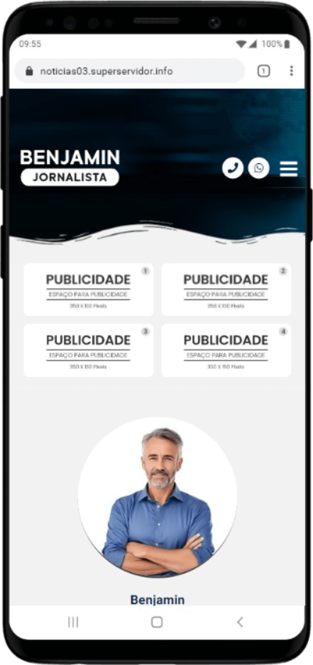 Versão mobile do site Noticias 03 exibida em um smartphone moderno.