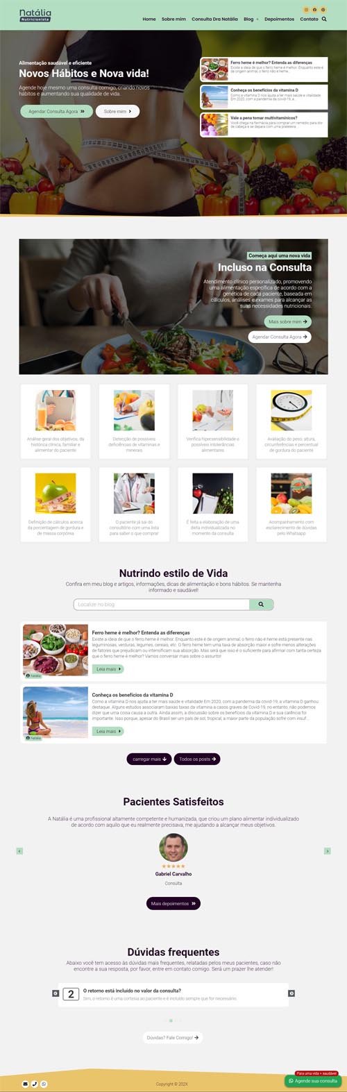 Scroll completo do site Nutricao 01 exibindo serviços, blog, depoimentos e FAQ.