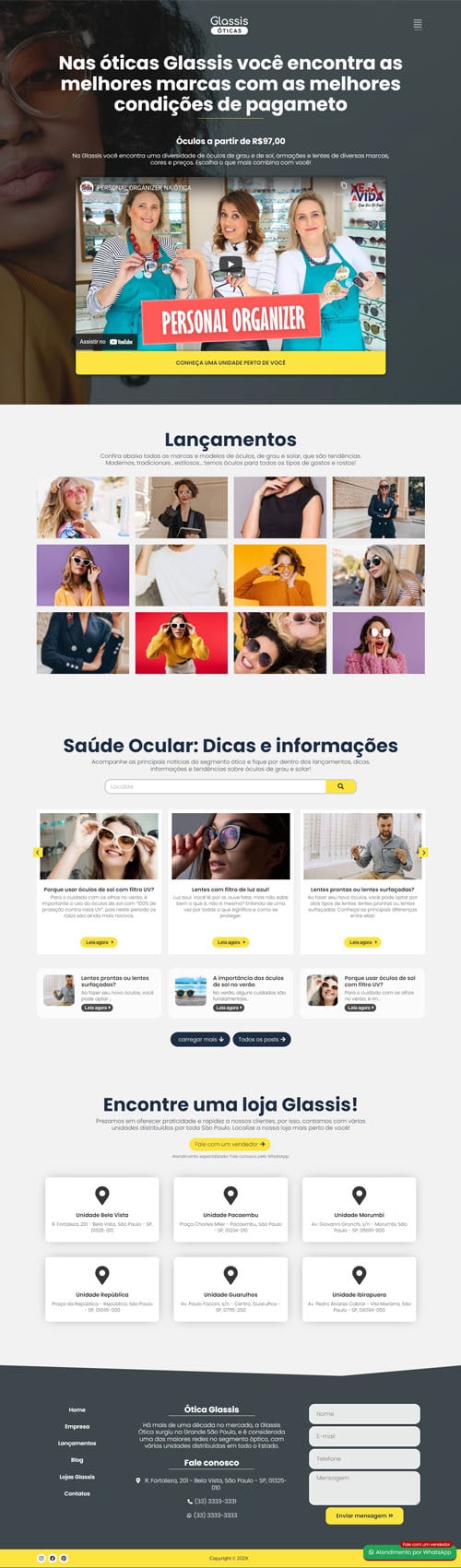 Visualização completa (scroll) da página inicial do projeto Ótica 01.