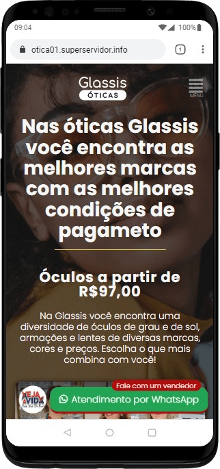 Site da Ótica 01 visualizado em um smartphone Android, mostrando responsividade.