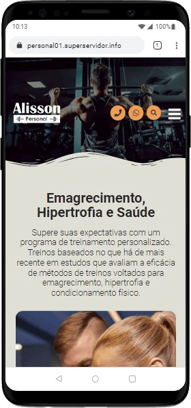 Site Personal 01 visualizado em um smartphone demonstrando responsividade e menus adaptados.