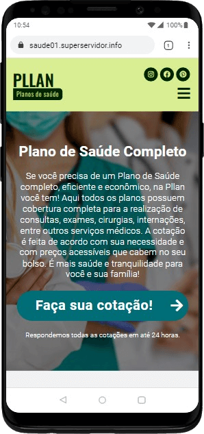 Site de planos de saúde visualizado em um smartphone Android.