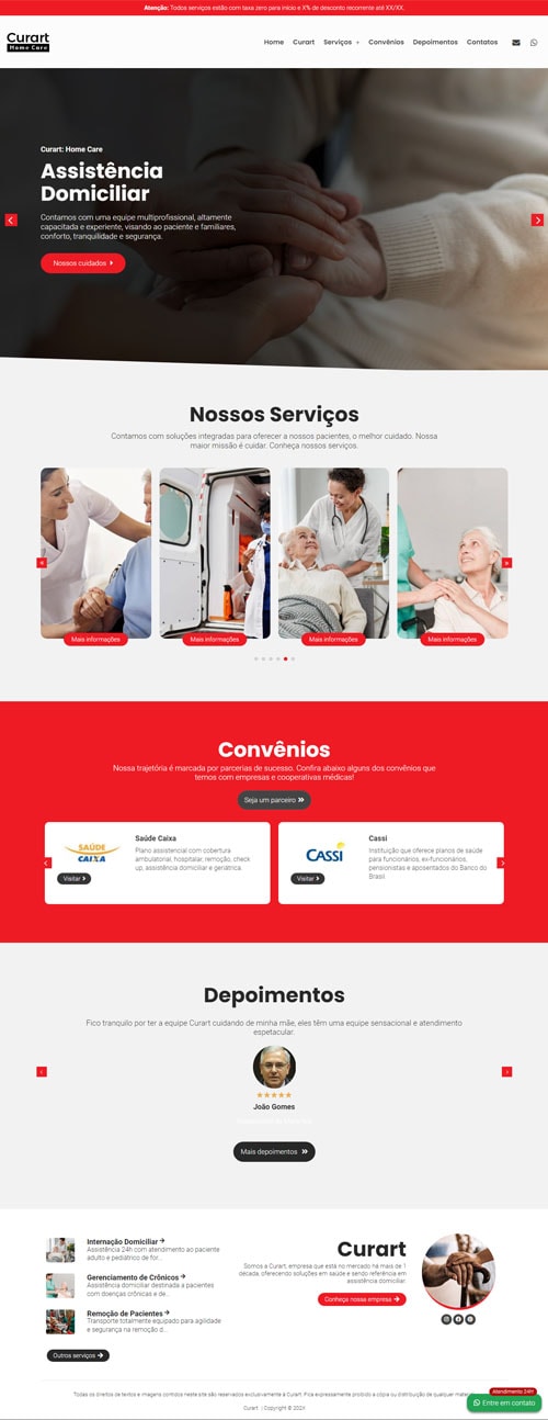 Visualização completa da página inicial do modelo Saude 02, incluindo serviços, convênios e depoimentos.