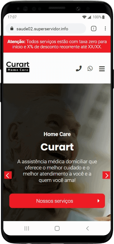 Versão responsiva do site Saude 02 em um smartphone, destacando o botão de serviços e ícones de contato rápido.