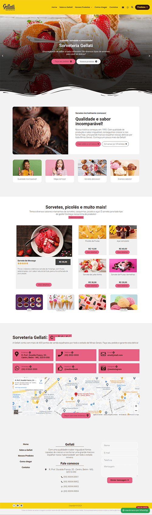 Visualização completa da landing page da Sorveteria, do topo ao rodapé.