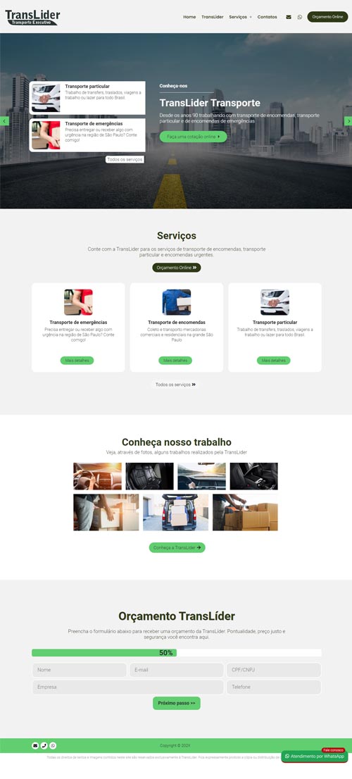 Landing page completa do projeto Transportes 04 mostrando seções de serviços, galeria de fotos e formulário de orçamento.