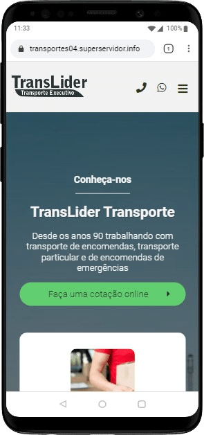 Versão mobile do site Transportes 04 exibindo design adaptável e botões de contato rápido.